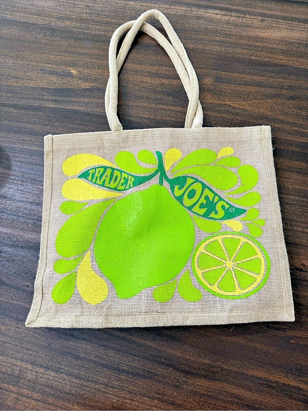 Trader Joe's Lemon Lime Jute Tote Bag in Yellow & Green